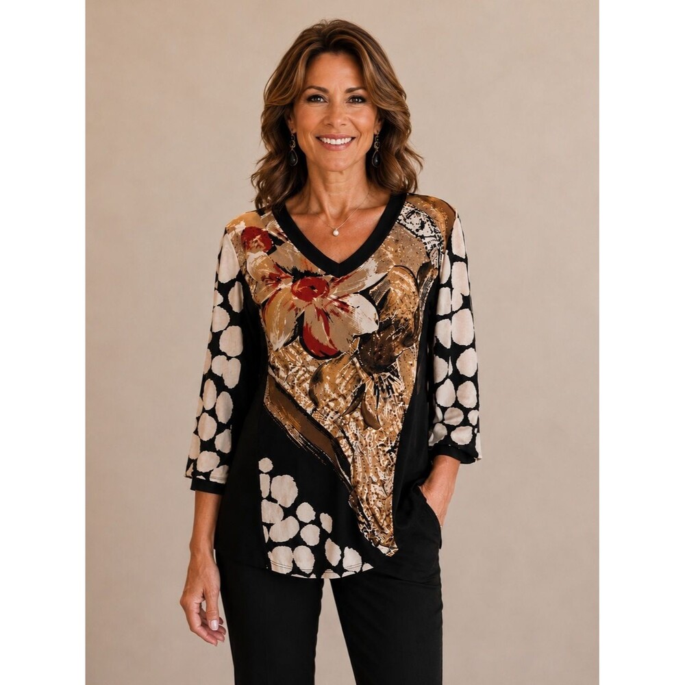 JM Collection Floral Abstract V-Neck Tunic Blouse Top Small